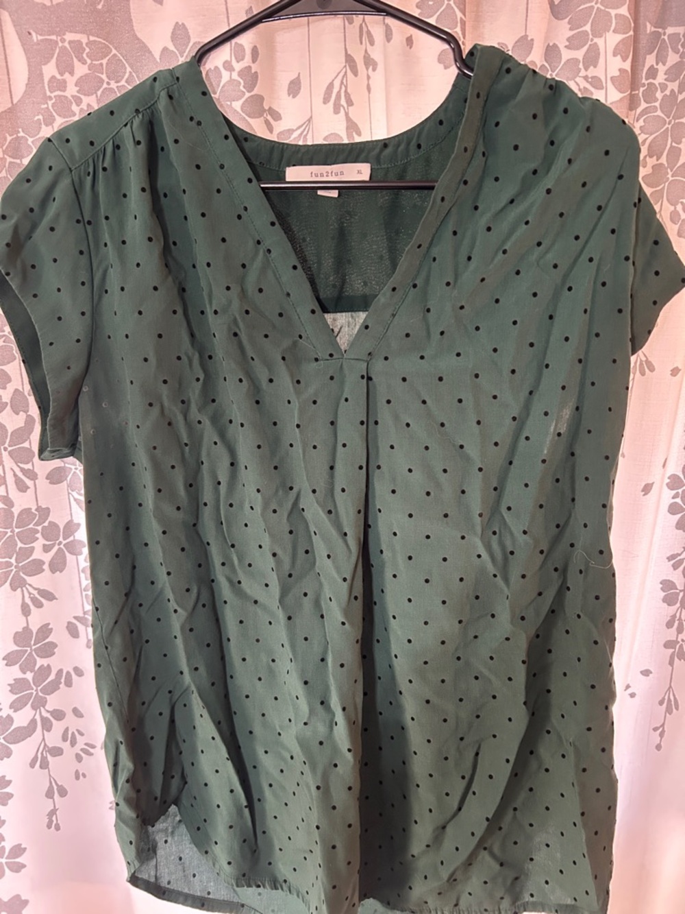 fun 2 fun Forest Green Polka Dot V-Neck Blouse